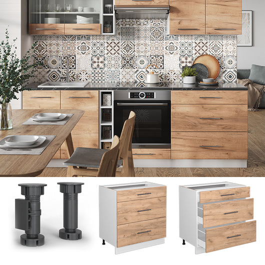 Vicco Mobiletto base per cucina Quercia dorata 80 cm con 3 cassetti, PL Marmo