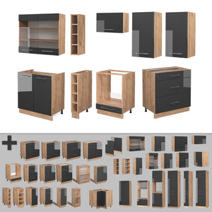 Vicco Cucina componibile Antracite lucido/oro power oak 235 cm senza piano di lavoro