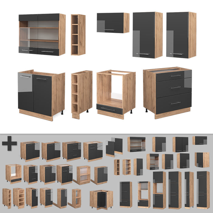Vicco Cucina componibile Antracite lucido/oro power oak 235 cm senza piano di lavoro
