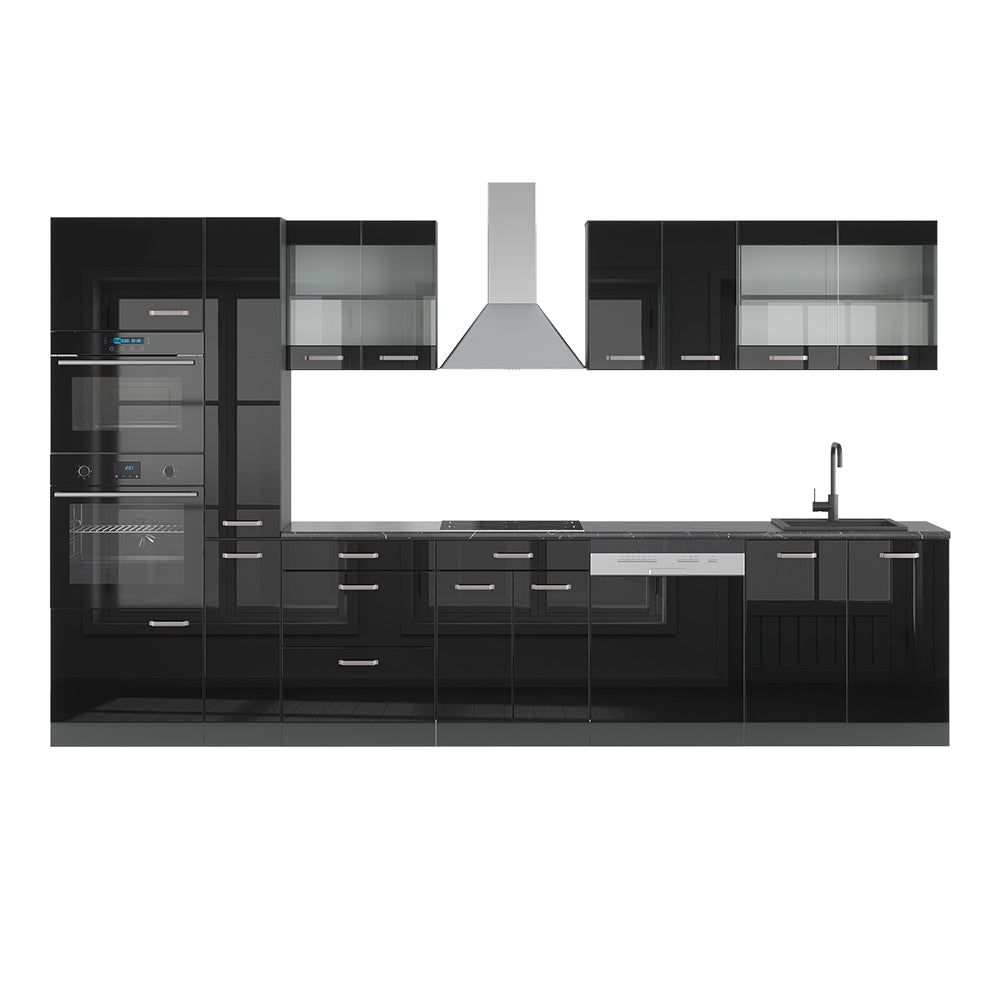 Vicco Mobile da cucina Nero lucido/antracite 350 cm con armadio alto, PL Antracite
