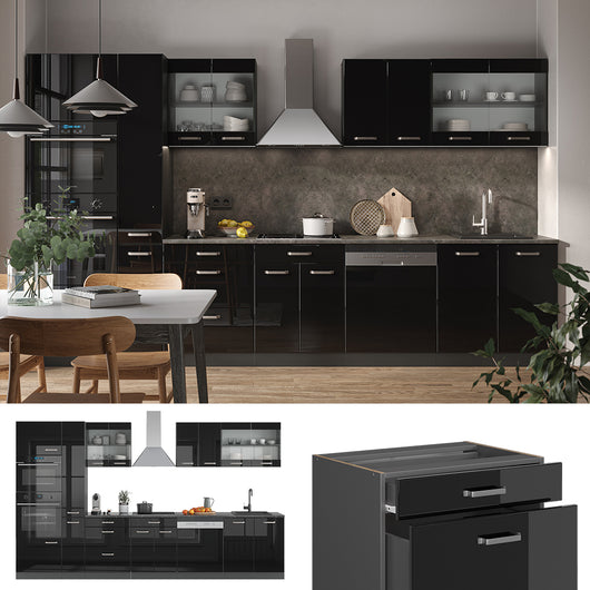 Vicco Mobile da cucina Nero lucido/antracite 350 cm con armadio alto, PL Antracite