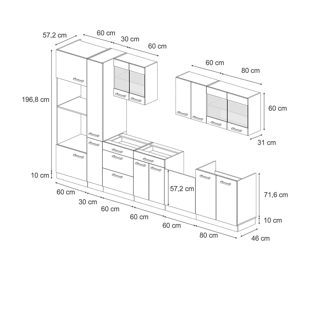 Vicco Mobile da cucina Nero lucido 350 cm con armadio alto, PL Marmo