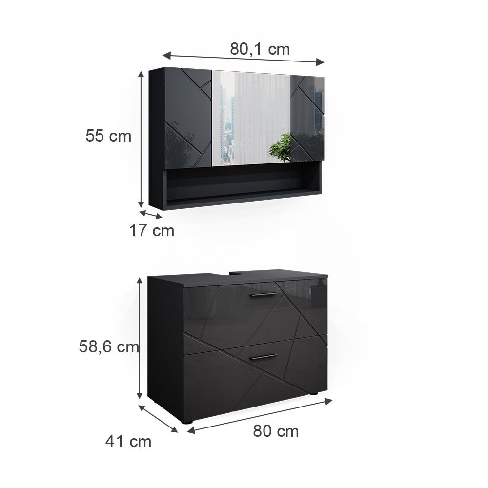 Vicco Set mobili bagno Antracite lucido 2 parti, mobile base 80 cm
