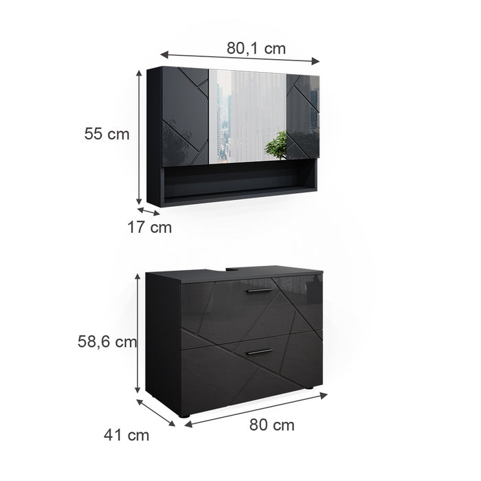 Vicco Set mobili bagno Antracite lucido 2 parti, mobile base 80 cm