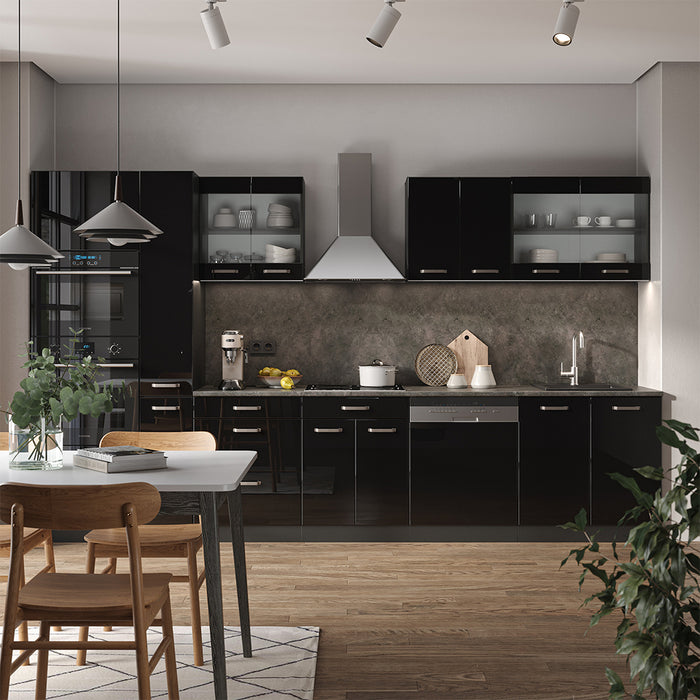 Vicco Mobile da cucina Nero lucido/antracite 350 cm con armadio alto, PL Antracite