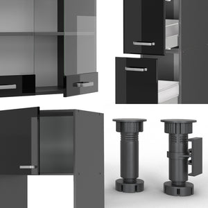 Vicco Mobile da cucina Nero lucido 350 cm con armadio alto, PL Marmo