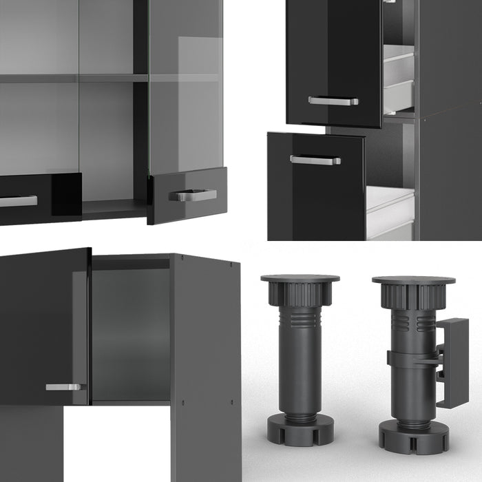 Vicco Mobile da cucina Nero lucido/antracite 350 cm con armadio alto, PL Antracite