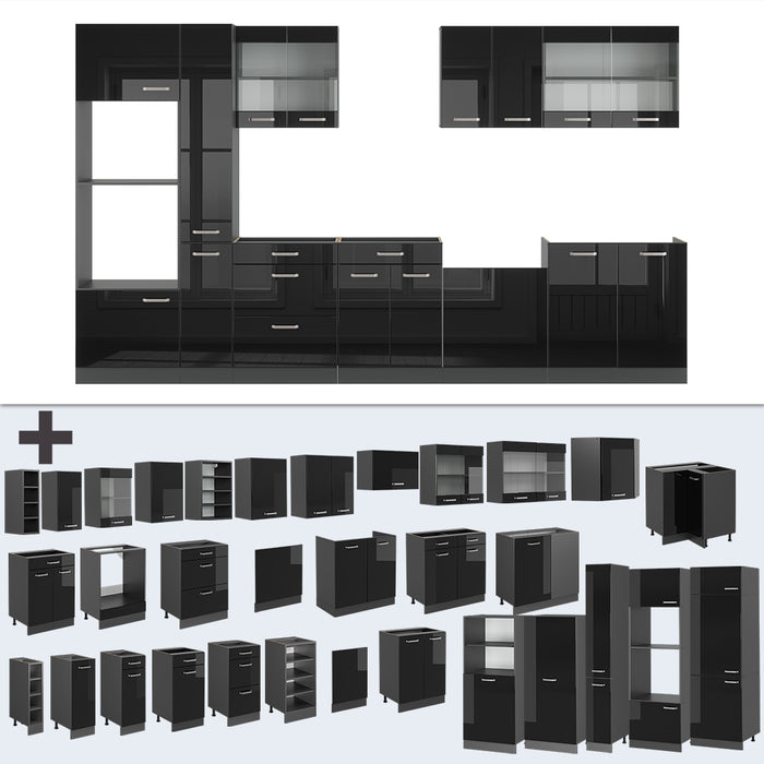 Vicco Mobile da cucina Nero lucido/antracite 350 cm con armadio alto, PL Antracite