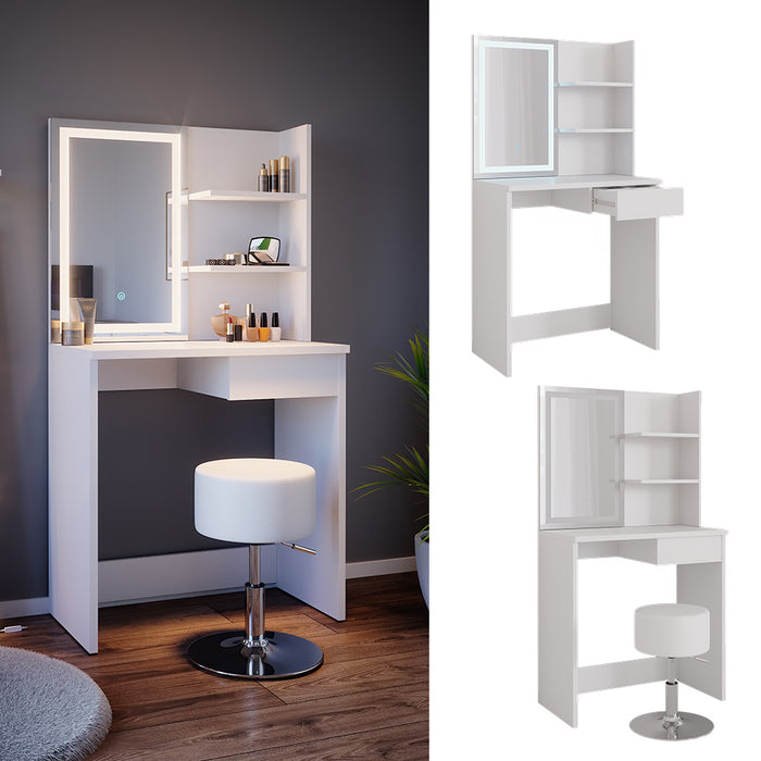 Vicco Tavolo da toeletta Bianco 75 cm con specchio LED e sgabello