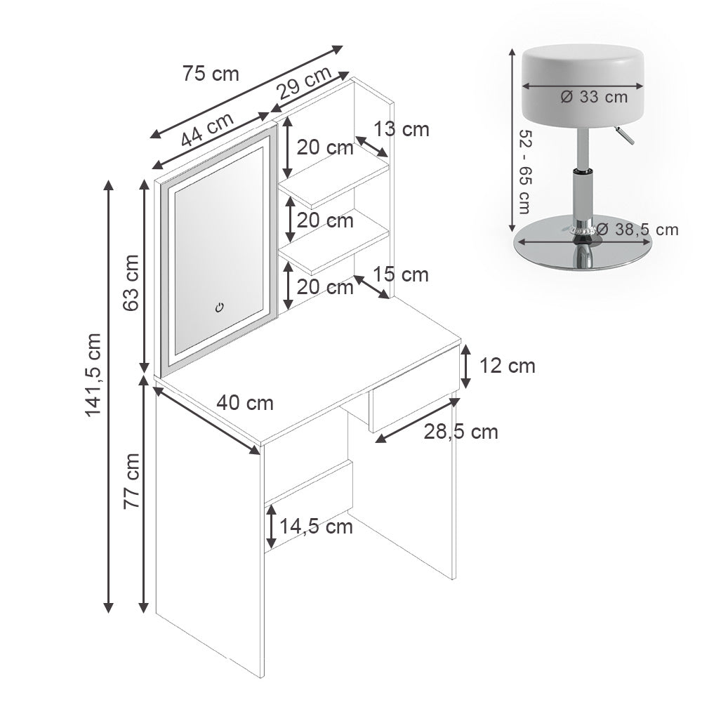 Vicco Tavolo da toeletta Bianco 75 cm con specchio LED e sgabello