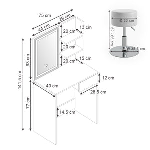 Vicco Tavolo da toeletta Bianco 75 cm con specchio LED e sgabello