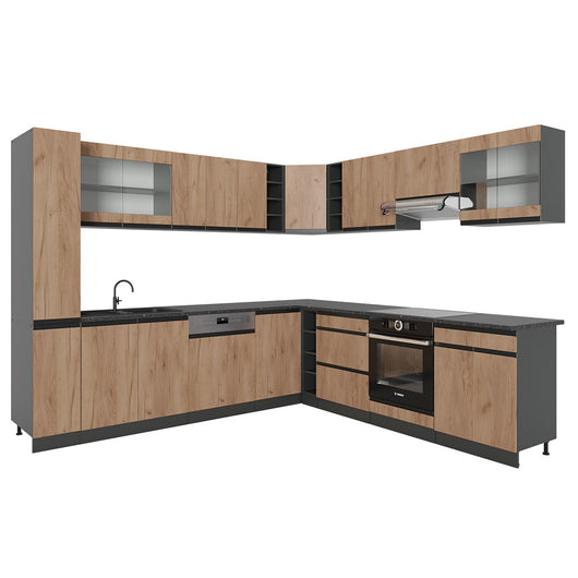 Vicco Cucina angolare completa Quercia dorata 257 x 60 cm Forma a J, senza piano di lavoro