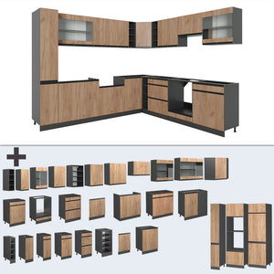 Vicco Cucina angolare completa Quercia dorata 257 x 60 cm Forma a J, senza piano di lavoro