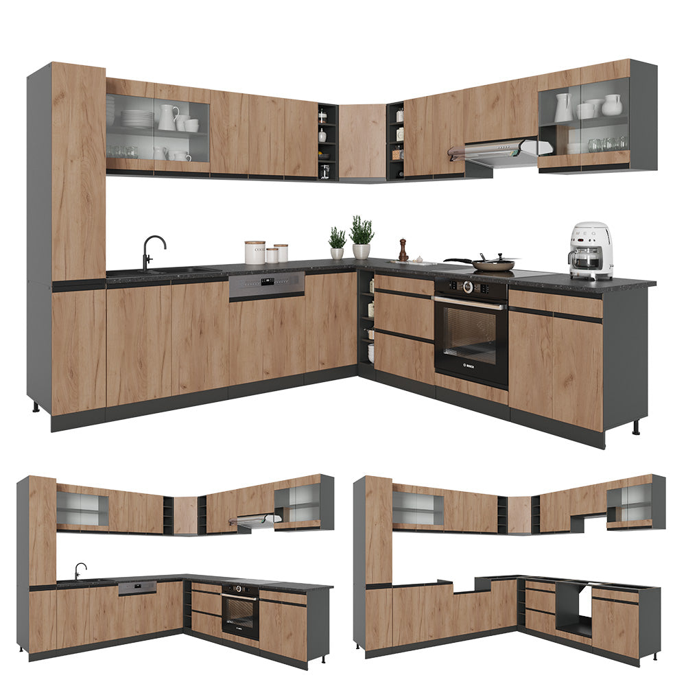 Vicco Cucina angolare completa Quercia dorata 257 x 60 cm Forma a J, senza piano di lavoro