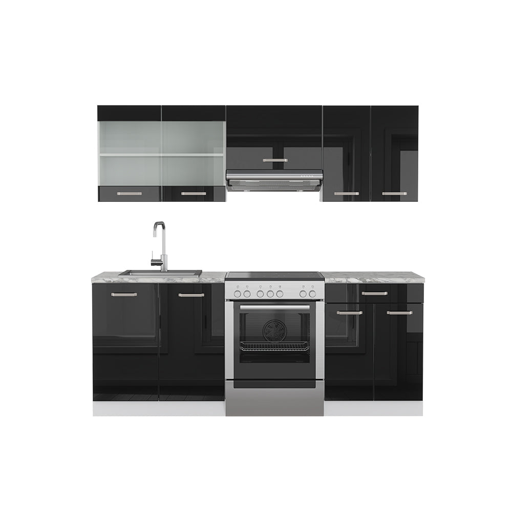 Vicco Cucina componibile Nero lucido/bianco 200 cm Senza piano di lavoro