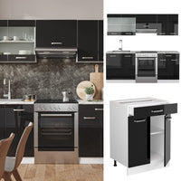 Vicco Cucina componibile Nero lucido/bianco 200 cm Senza piano di lavoro