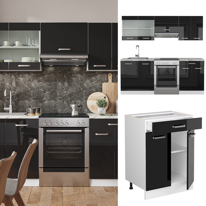 Vicco Cucina componibile Nero lucido/bianco 200 cm Senza piano di lavoro