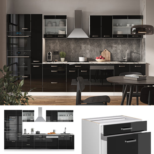 Vicco Cucina componibile Nero lucido/bianco 350 cm con armadio alto, PL Antracite