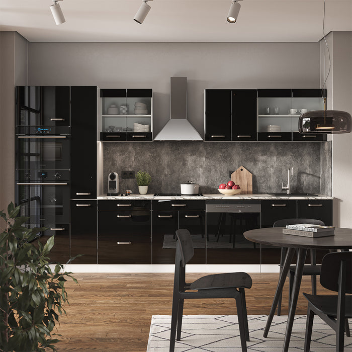 Vicco Cucina componibile Nero lucido/bianco 350 cm con armadio alto, senza piano di lavoro