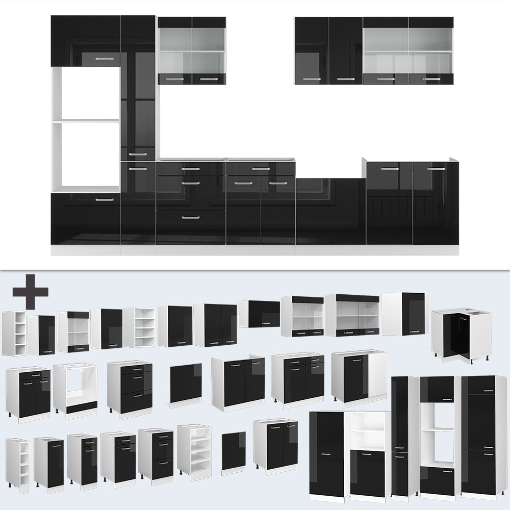 Vicco Cucina componibile Nero lucido/bianco 350 cm con armadio alto, PL Antracite