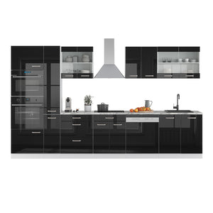 Vicco Cucina componibile Nero lucido/bianco 350 cm con armadio alto, senza piano di lavoro