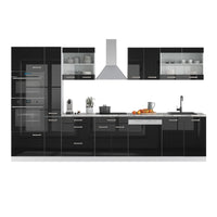 Vicco Cucina componibile Nero lucido/bianco 350 cm con armadio alto, PL Rovere