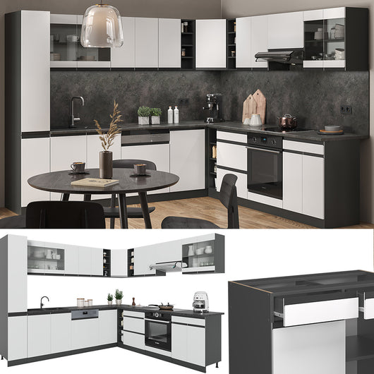 Vicco Cucina angolare completa Bianco/antracite 257 x 277 cm J-Shape, PL Marmo
