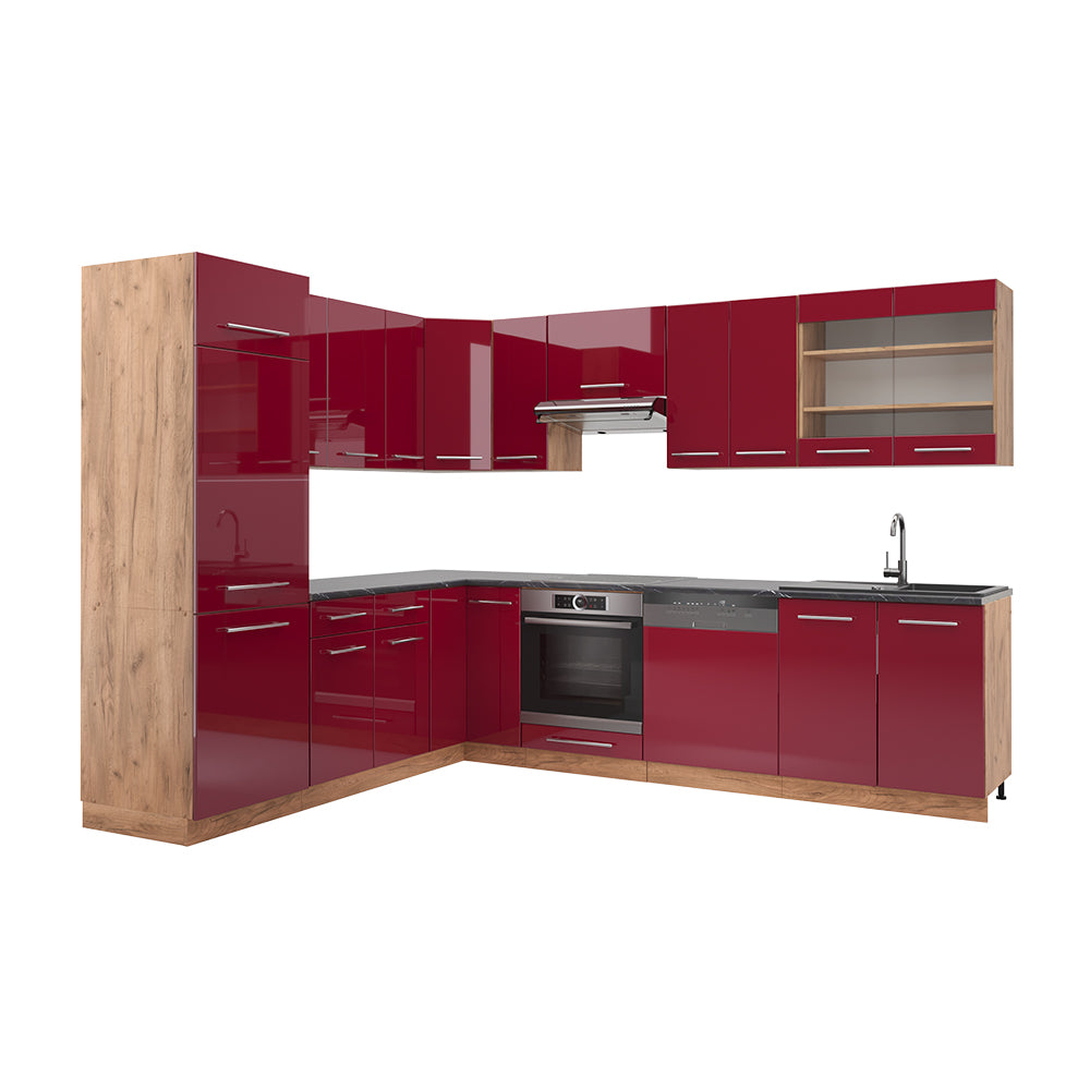 Vicco Cucina angolare completa Bordeaux lucido/rovere dorato 227 x 60 cm senza piano di lavoro