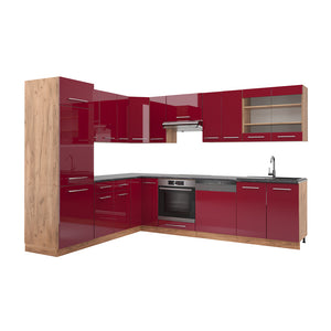 Vicco Cucina angolare completa Bordeaux lucido/rovere dorato 227 x 60 cm senza piano di lavoro