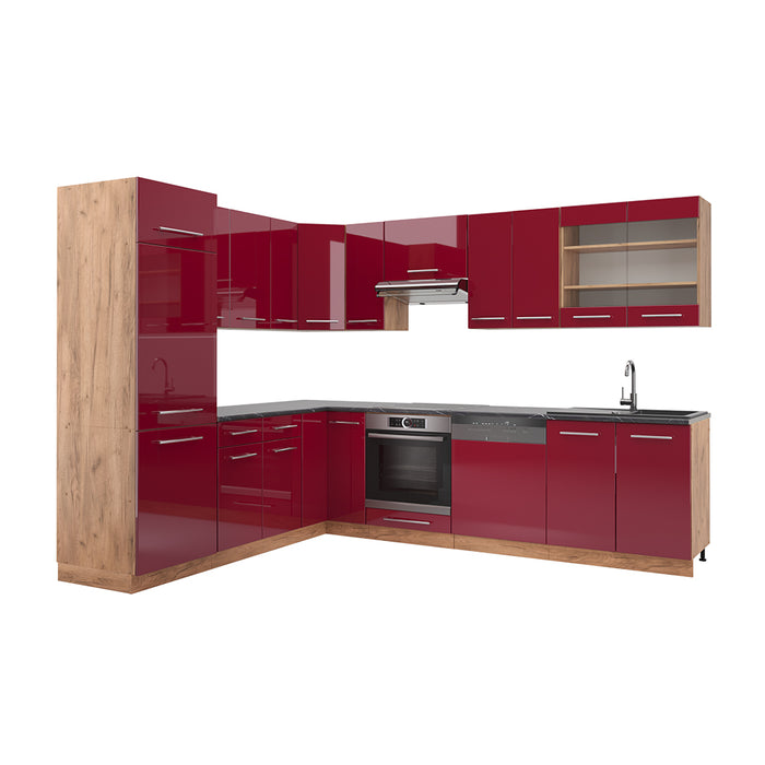 Vicco Cucina angolare completa Bordeaux lucido/rovere dorato 227 x 60 cm senza piano di lavoro