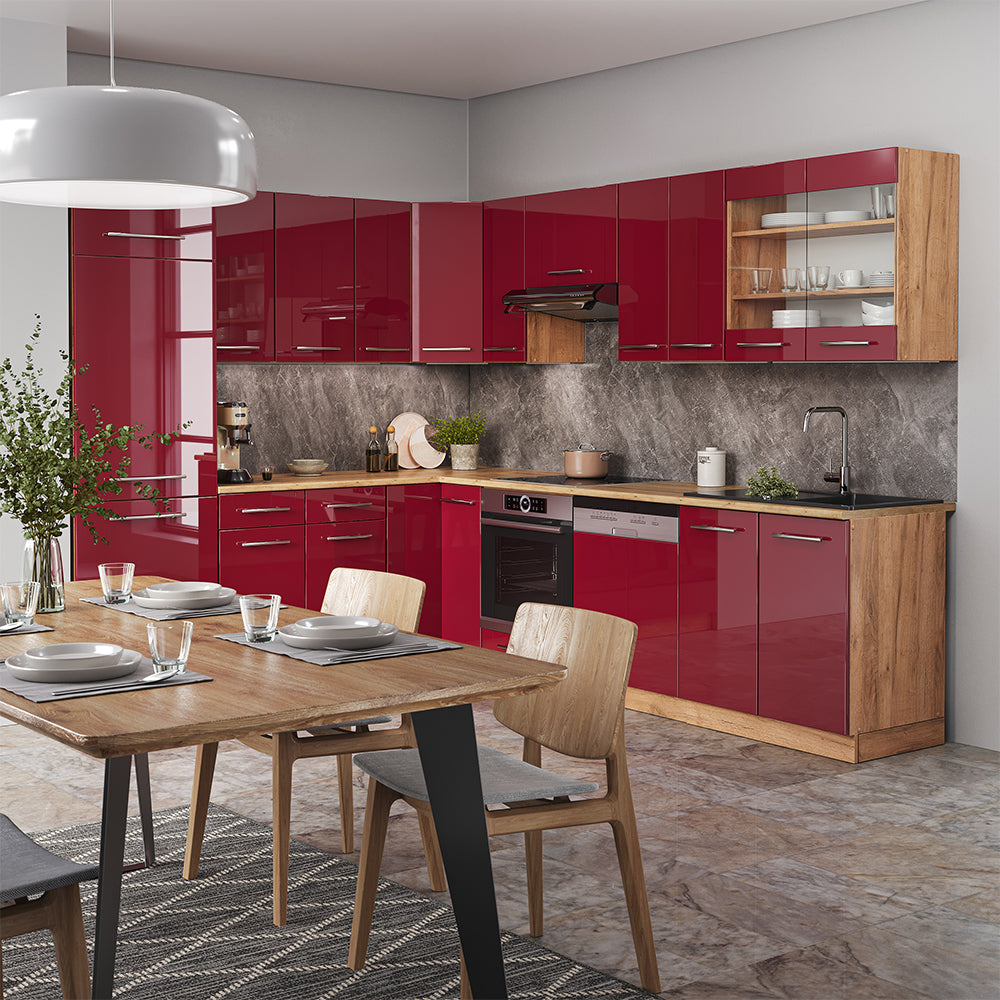 Vicco Cucina angolare completa Bordeaux lucido/rovere dorato 227 x 287 cm , PL Rovere
