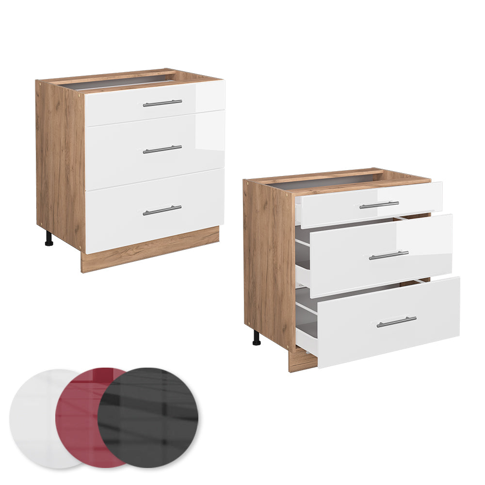 Vicco Mobiletto base per cucina Bianco lucido 80 cm con 3 cassetti, senza piano di lavoro