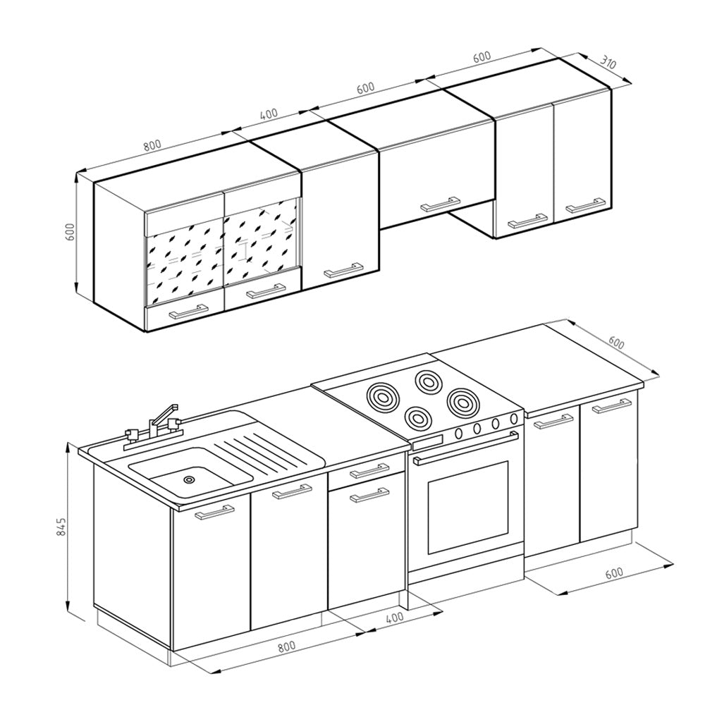 Vicco Mobile da cucina Quercia dorata/antracite 240 cm , PL Fantasia nera con striscia LED