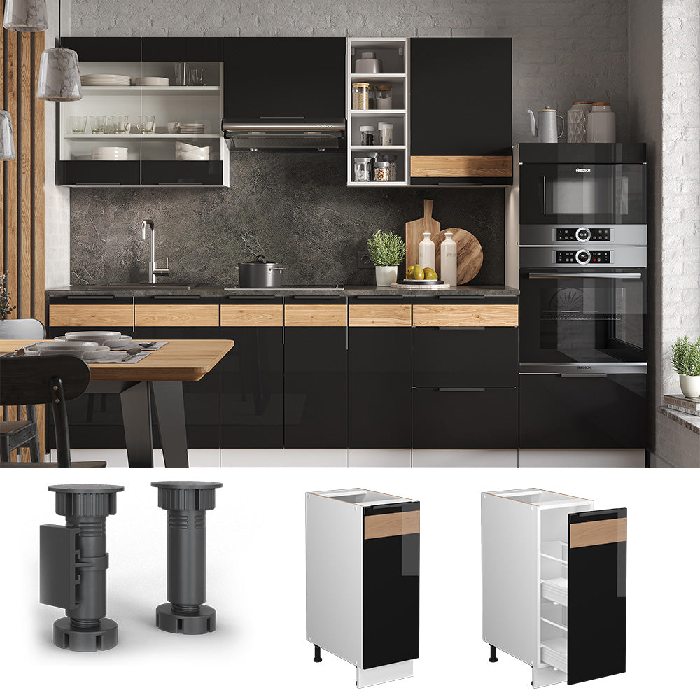 Vicco Armadio cucina dispensa alto Rovere nero lucido 30 cm , PL Marmo