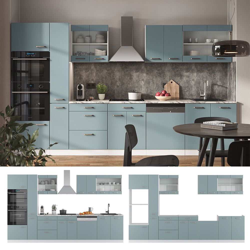 Vicco Cucina componibile Blu-grigio/bianco 350 cm con armadio alto, senza piano di lavoro