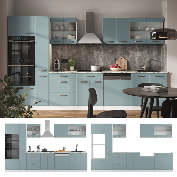 Vicco Cucina componibile Blu-grigio/bianco 350 cm con armadio alto, senza piano di lavoro