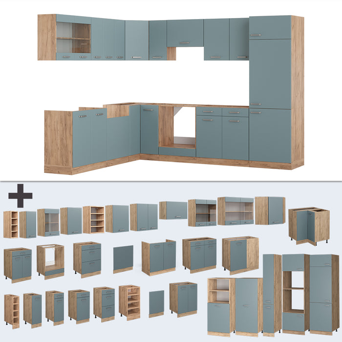 Vicco Cucina angolare completa Rovere blu-grigio/oro 227 x 287 cm senza piano di lavoro