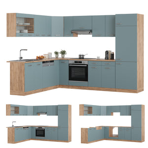 Vicco Cucina angolare completa Rovere blu-grigio/oro 227 x 287 cm senza piano di lavoro