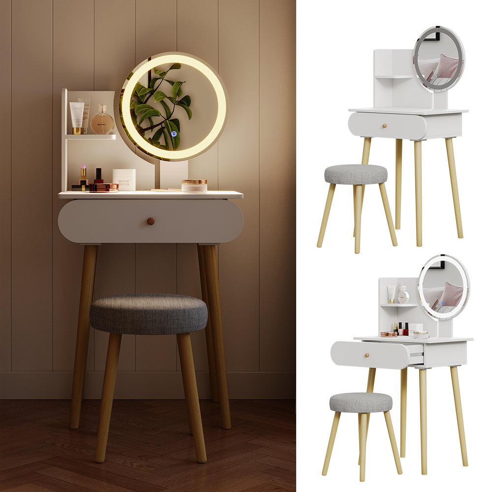 Vicco Tavolino da toilette Bianco 60 cm con specchio LED e sgabello