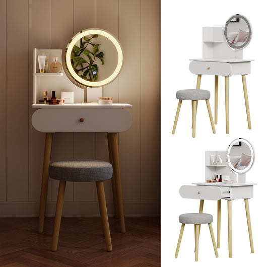 Vicco Tavolino da toilette Bianco 60 cm con specchio LED e sgabello