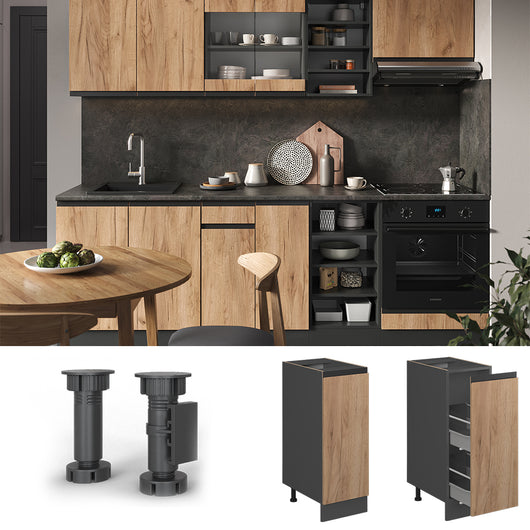 Vicco Armadio cucina dispensa alto Quercia dorata 30 cm Forma a J, senza piano di lavoro