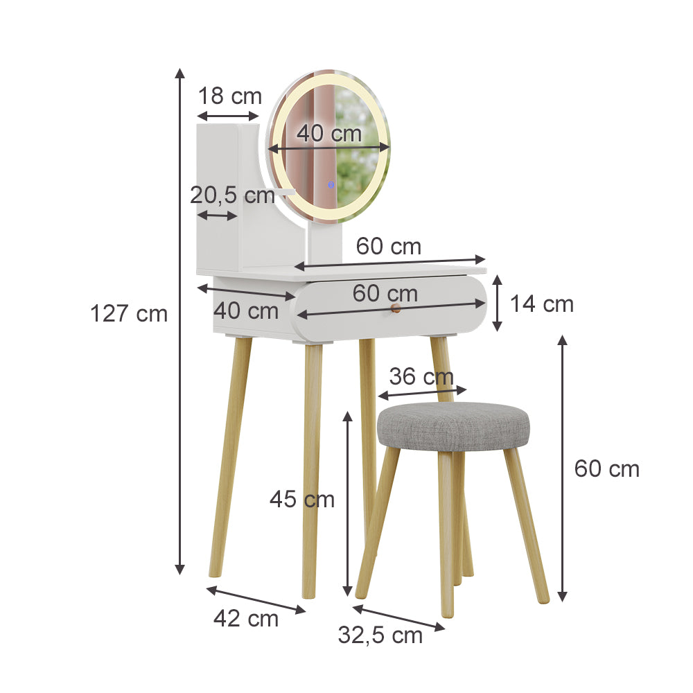 Vicco Tavolino da toilette Bianco 60 cm con specchio LED e sgabello