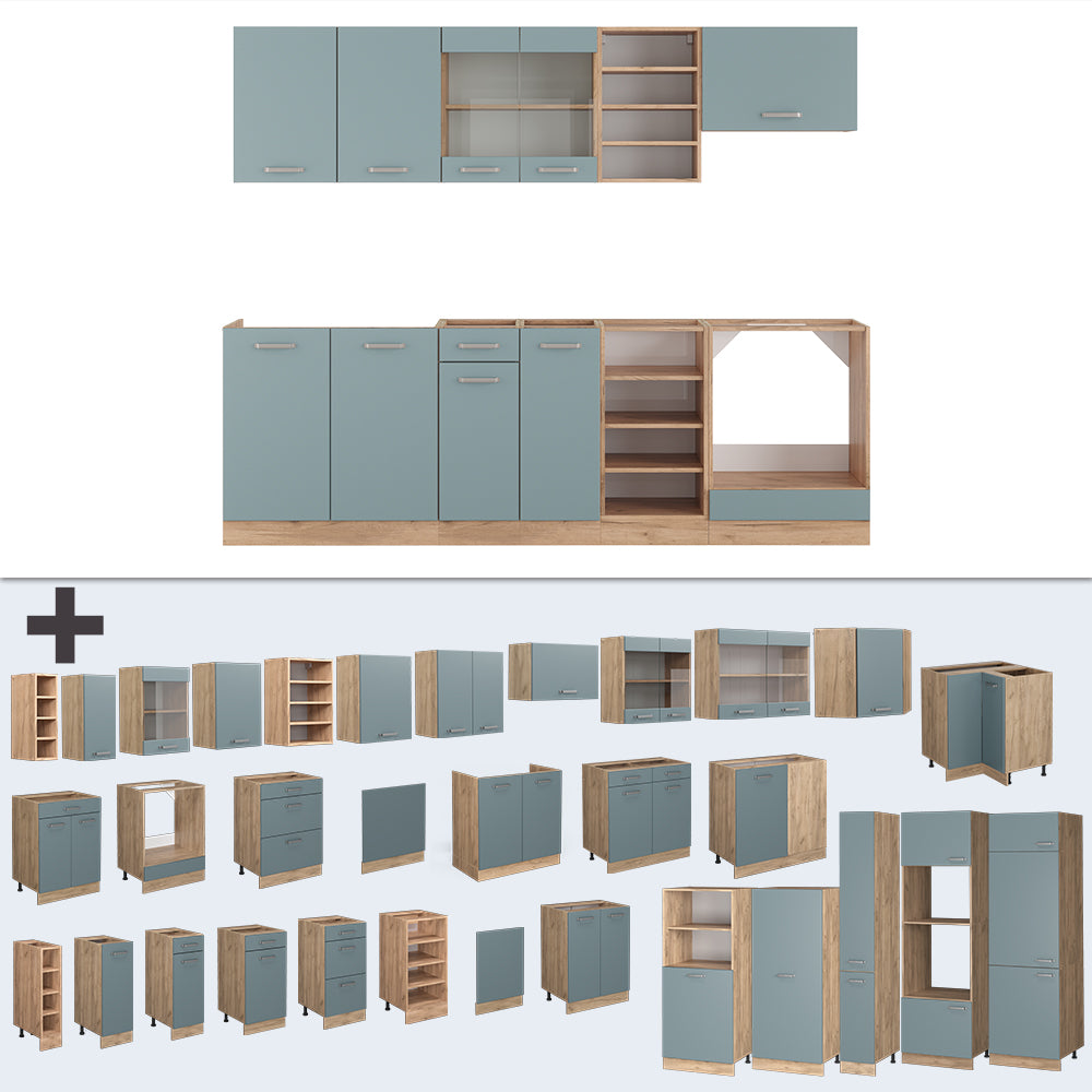 Vicco Cucina componibile Rovere blu-grigio/oro 240 cm senza piano di lavoro