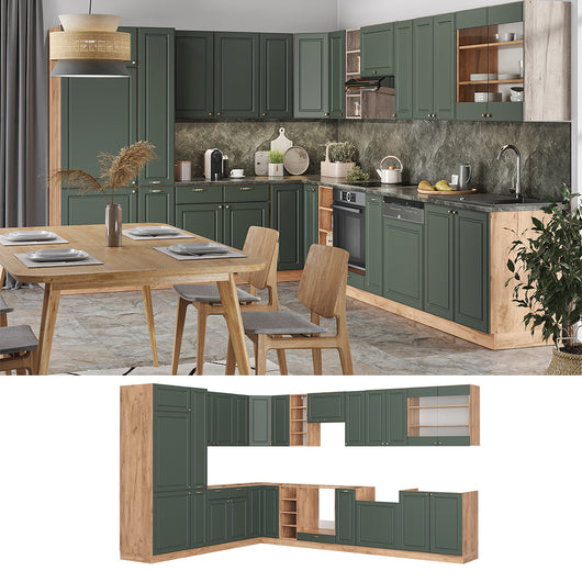 Vicco Cucina angolare completa Quercia verde-oro Country/oro Power 347 x 257 cm , PL Antracite