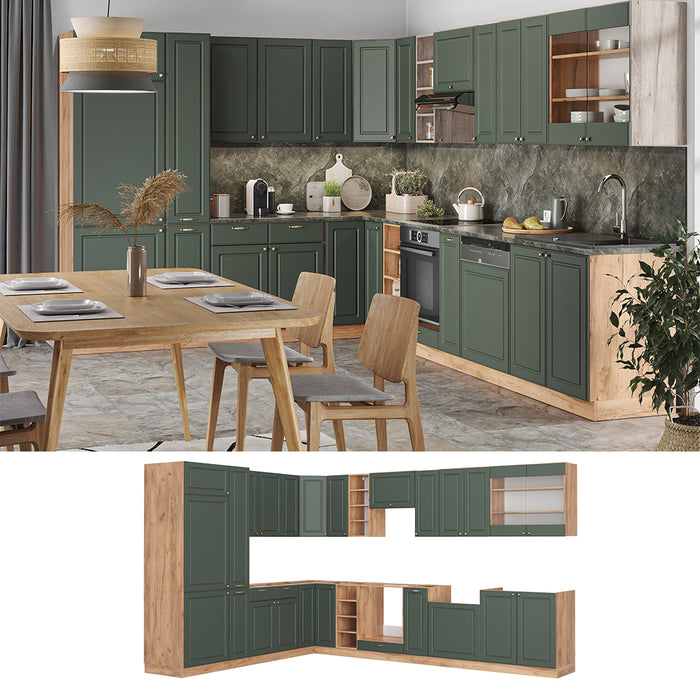 Vicco Cucina angolare completa Quercia verde-oro Country/oro Power 347 x 257 cm , PL Rovere