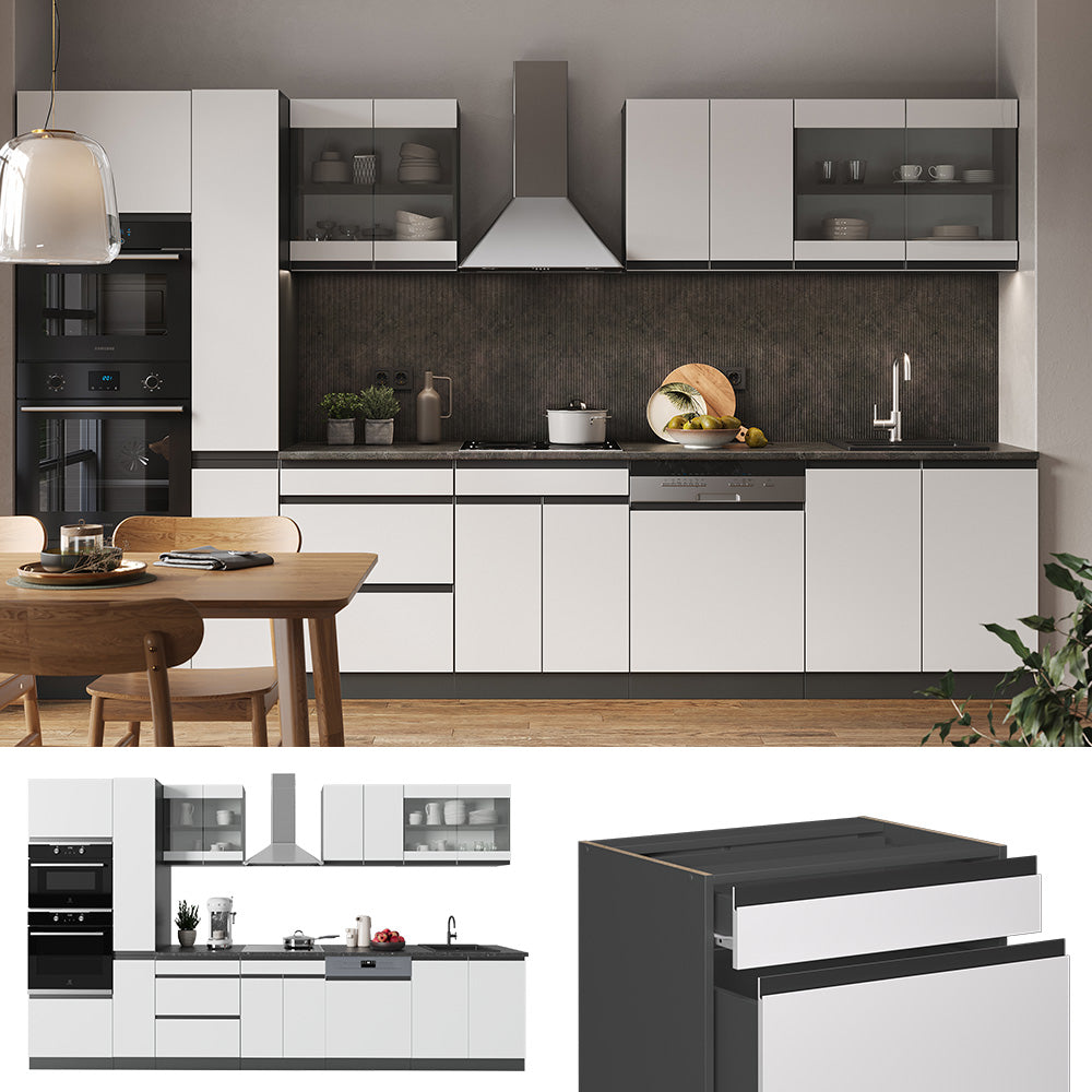 Vicco Cucina componibile Bianco/antracite 350 cm Forma a J, con mobile alto, senza piano di lavoro