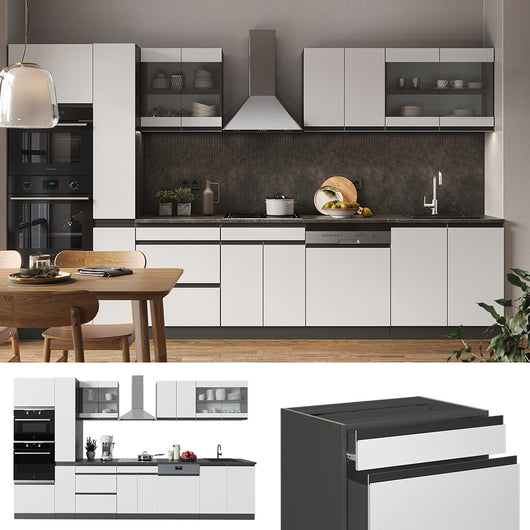 Vicco Cucina componibile Bianco/antracite 350 cm Forma a J, con mobile alto, senza piano di lavoro