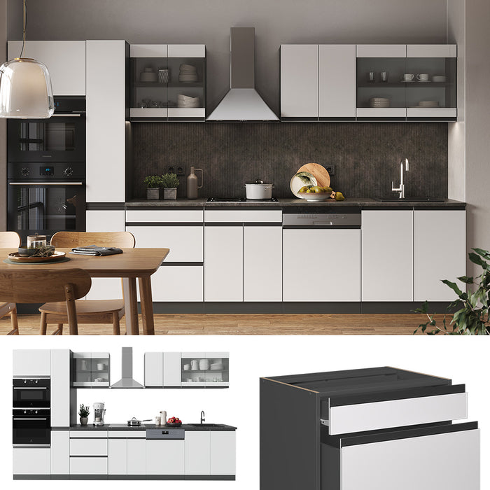 Vicco Cucina componibile Bianco/antracite 350 cm Forma a J, con mobile alto, senza piano di lavoro