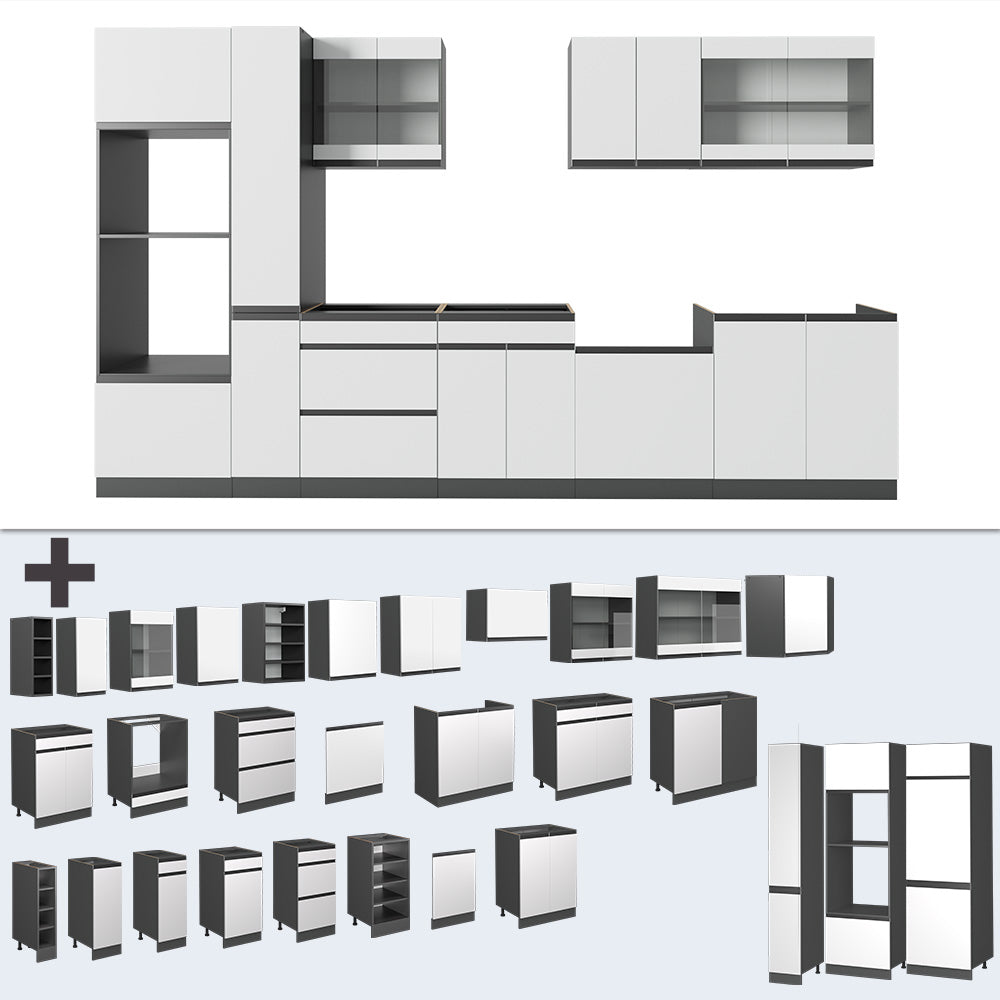 Vicco Cucina componibile Bianco/antracite 350 cm Forma a J, con mobile alto, senza piano di lavoro