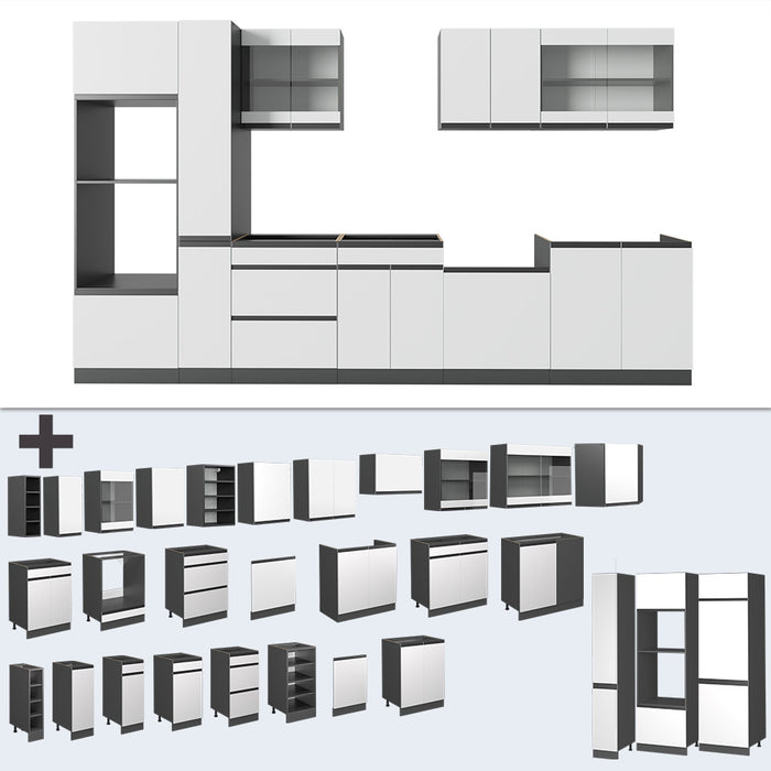Vicco Cucina componibile Bianco/antracite 350 cm Forma a J, con mobile alto, senza piano di lavoro